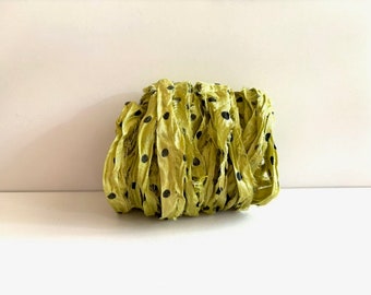 10 Yards Sari Silk Ribbon - Recycled Sari Silk Ribbon - Apple Green Polka Dot, 10 Yards