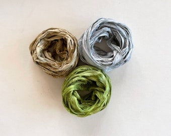 Sari Silk Ribbon - Recycled Sari Silk Ribbon - Khaki, Blue Gray, Leaf, 5 Yds Each, 15 Yds Total