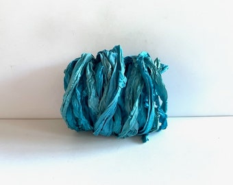 Blue Silk Sari Ribbon - Recycled Sari Silk Ribbon - 10 Yds Ocean Blue Sari Ribbon