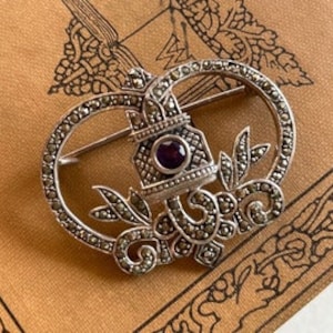 Sterling Marcasite & Amethyst Brooch - Marcasite and Amethyst Pin - Vintage Marcasite Jewelry