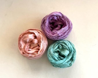 Sari Silk Ribbon - Recycled Sari Silk Ribbon - Buff, Orchid & Seafoam -  5 Yds Each, 15 Yds Total