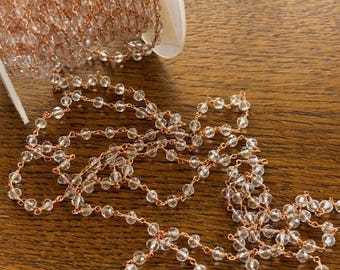 Quartz & Rose Gold Rosary Chain - Rosary Chain By-The-Foot - 4mm Quartz/Rose Gold Link Chain - Jewelry Supply