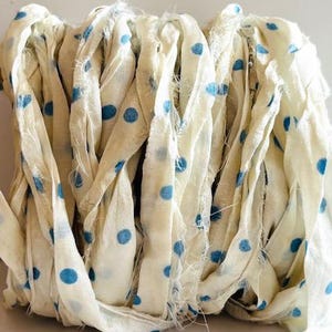 Recycled Sari Silk Ribbon - Sari Silk Ribbon Yardage - Antique White With Blue Dots, 10 Yds - Dot Sari Silk Ribbon