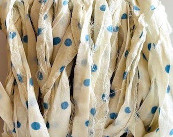 Recycled Sari Silk Ribbon - Sari Silk Ribbon Yardage - Antique White With Blue Dots, 10 Yds - Dot Sari Silk Ribbon