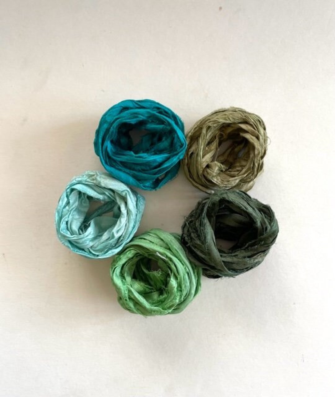 5 Color Sari Silk Sampler Recycled Multi Sari Ribbon Teal and