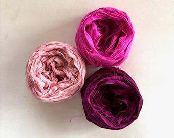 Wstążka jedwabna do sari – Wstążka jedwabna z recyklingu do sari – różowa, intensywnie różowa, magenta, 5 jardów każda, łącznie 15 jardów