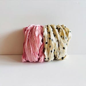 Sari Silk Ribbon Yardage - Recycled Sari Silk Ribbon - Pink & Dot, 5 Yds Each Color, 10 Yds Total