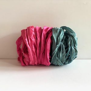 Recycled Sari Silk Ribbon - Sari Silk Ribbon Yardage - Salmon & Light Teal, 5 Yds Each, 10 Yds Total