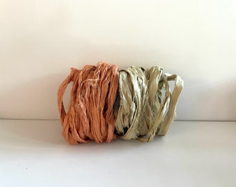Sari Silk Ribbon - Recycled Sari Silk Ribbon - Terra Cotta & Sage Green, 5 Yards Each, 10 Yards Total