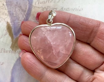 Rose Quartz Puffy Heart Pendant - Rose Quartz & Silver Pendant - Pink Gemstone Pendant