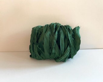 Silk Sari Ribbon - Recycled Sari Silk Ribbon - Pine Green, 10 Yards Journaling Ribbon