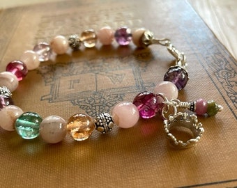 Morganite & Toermalijn Armband - Pastel Edelsteen Armband - 8mm Edelsteen Kralen Armband