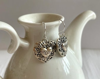 Sterling Silver Heart Earrings - "Mom" Heart Drop Earrings - Gift For Mom