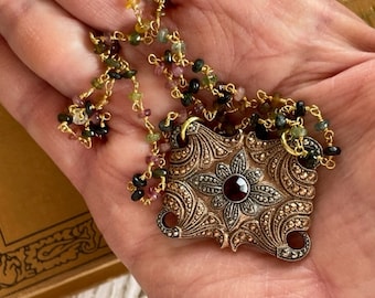 Antique Marcasite Pin Necklace -  Tourmaline Rosary Chain Necklace - Antique Garnet Pendant Jewelry