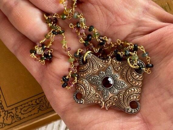 Vintage Tourmaline Necklace on Beaded Brass Chain