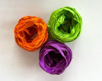 Recycled Sari Silk Ribbon - Sari Silk Ribbon Yardage - Orange, Lime & Purple 5 Yds Each, 15 Yds Total