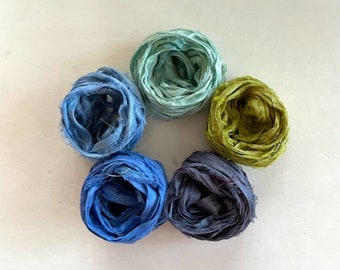 5 Color Sari Silk Sampler - Recycled Multi Sari Ribbon - 5 Ocean Colors, 2 Yds Each, 10 Yds Total