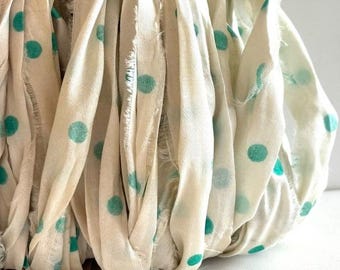 Dotted Sari Silk Ribbon - Recycled Sari Silk Ribbon - Mint Dot Sari Ribbon, 10 Yards, Fiber Art Ribbon