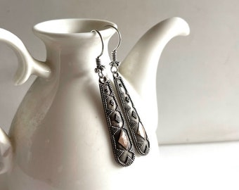 Vintage Silver Drop Earrings - Intricate Filigree Earrings - Sterling Silver & 14K Gold Earrings