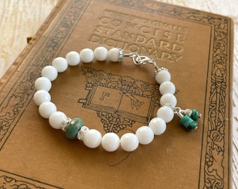 Pulsera de ágata blanca y turquesa - Pulsera de cuentas de ágata blanca - Joyería de ágata