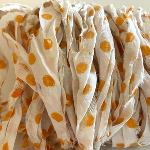 Recycled Sari Silk Ribbon - Sari Silk Ribbon Yardage - Cream With Orange Dots, 10 Yds
