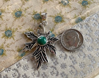 Silver Malachite Leaf Pendant - Large Sterling Leaf Pendant - Nature Jewelry
