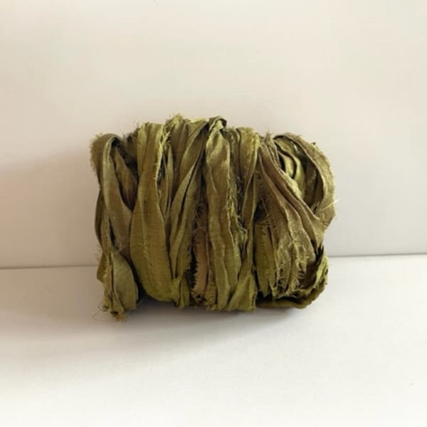 Sari Silk Ribbon - Recycled Sari Silk Ribbon - Olive Green, 10 Yards