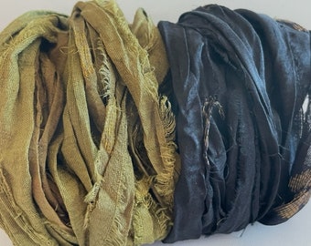 Sari Silk Ribbon -  Recycled Sari Silk Ribbon - Black & Olive With Gold Embroidery, 5 Yards Each Color, 10 Yards Total