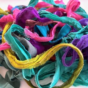 Chiffon Printed/Solid Silk Sari Ribbon - Recycled Sari Silk Ribbon - Multi Colored Chiffon Sari Silk, 10 Yards