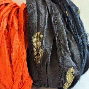 Recycled Sari Silk Ribbon - Black With Embroidery & Orange Sari Silk, 5 Yds Each, 10 Yds Total