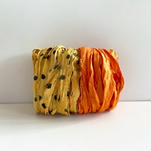 Sari Silk Ribbon - Recycled Sari Silk Ribbon - Goldenrod Dot & Tangerine, 5 Yds Each, 10 Yds Total