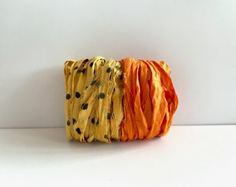 Sari Silk Ribbon - Recycled Sari Silk Ribbon - Goldenrod Dot & Tangerine, 5 Yds Each, 10 Yds Total