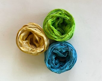 Recycled Silk Sari Ribbon - Sari Silk Ribbon Yardage - Goldenrod, Lime, Ocean Blue, 5 Yds Each, 15 Yds Total