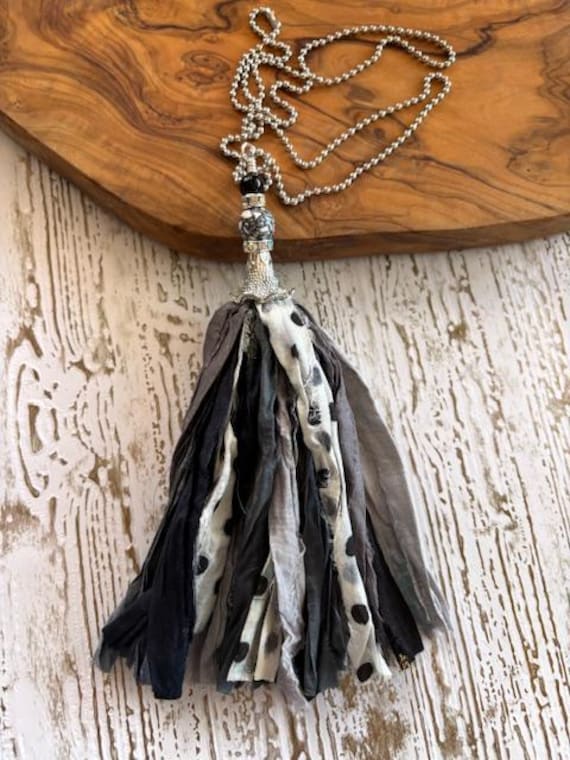Sari Silk Tassel Necklace - Recycled Silk Sari Tassel - Shades of Black & Gray Sari Silk Tassel