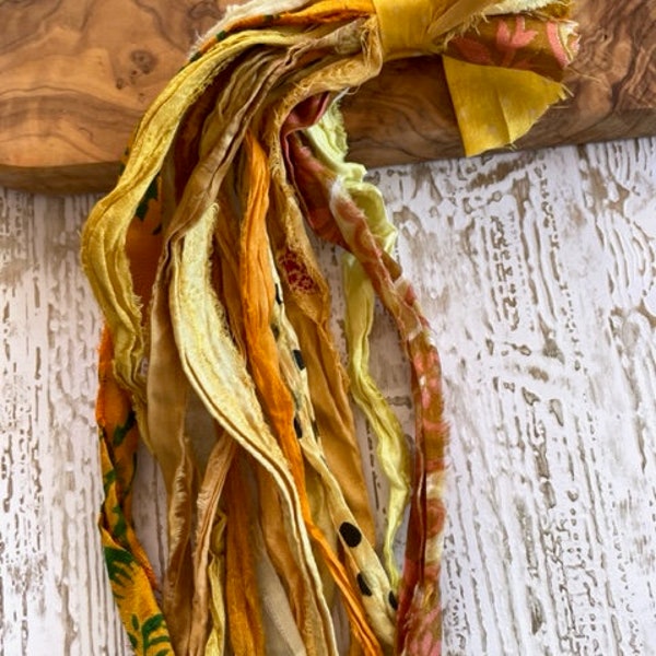 Yellow Sari Silk Ribbon Strips - Recycled Sari Silk Ribbon Strips For Tassels - Shades of Yellow & Gold Sari Silk Printed Ribbon