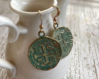 5.00 Dollar Earrings - Coin Drop Earrings - Green Patina Coin Earrings