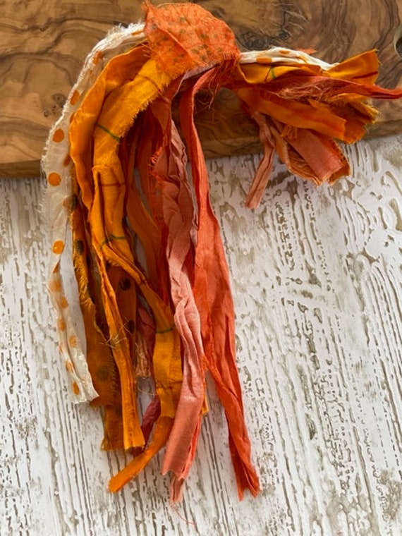 Orange Sari Silk Ribbon Strips Recycled Sari Silk Ribbon Strips for Tassels  Shades of Orange Sari Silk Printed Ribbon 