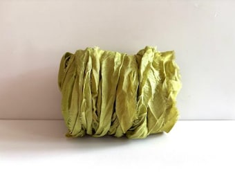 Sari Silk Ribbon - Recycled Sari Silk Ribbon - Bright Olive Green Sari Ribbon Yardage, 10 Yards