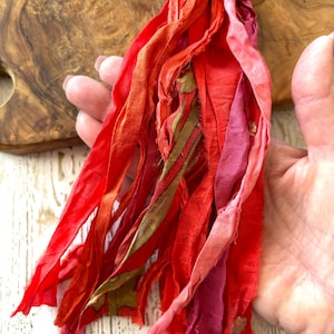 Red & Orange Sari Silk Ribbon Strips - Recycled Sari Silk Ribbon Strips For Tassels - Shades of Red, Orange Sari Silk Printed Ribbon