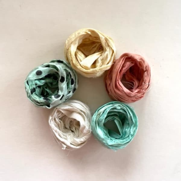 5 Color Sari Silk Sampler - Recycled Multi Sari Ribbon - Soft Pastels, 2 Yds Each, 10 Yds Total
