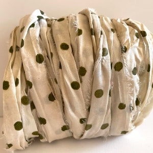 Recycled Sari Silk Ribbon - Sari Silk Ribbon Yardage - Antique White With Olive Dots, 10 Yds - Dot Sari Silk Ribbon