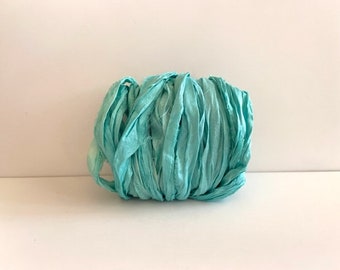 Sari Silk Ribbon - Recycled Sari Silk Ribbon - Aqua Sari Ribbon Yardage, 10 Yards