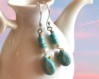 Turquoise & Pearl Earrings - Turquoise Drop Earrings - Turquoise Jewelry