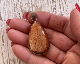 Goldstone Cabochon Pendant - Large Goldstone & Silver Pendant - Goldstone Jewelry