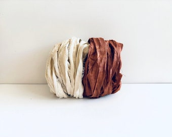 10 Yards Sari Silk Ribbon - Recycled Sari Silk Ribbon - Antique White & Chocolate Brown, 5 Yards Each