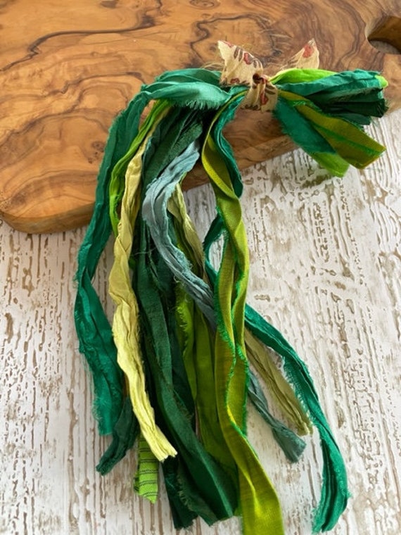 Green Mix Sari Silk Ribbon Strips Recycled Sari Silk Ribbon Strips