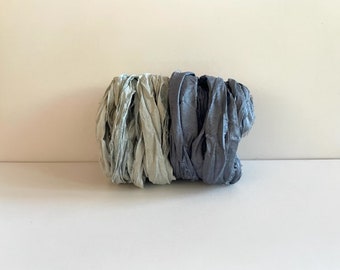 Sari Silk Ribbon - Recycled Sari Silk Ribbon - Blue Gray & Charcoal, 5 Yds Each, 10 Yds Total