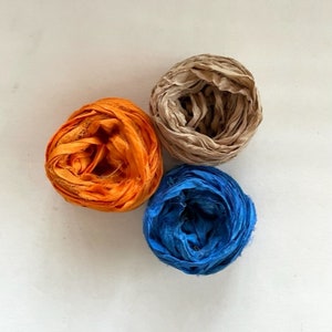 Sari Silk Ribbon - Recycled Sari Silk Ribbon - Tangerine, Khaki, Royal -  5 Yds Each, 15 Yds Total