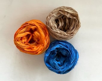 Sari Silk Ribbon - Recycled Sari Silk Ribbon - Tangerine, Khaki, Royal -  5 Yds Each, 15 Yds Total