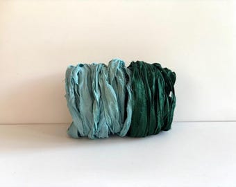 10 Yards Sari Silk Ribbon - Recycled Sari Silk Ribbon - Light Teal & Pine 5 Yards Each